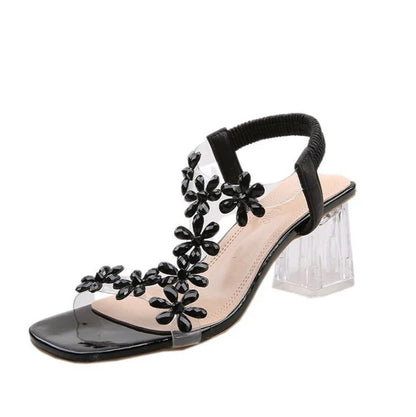 Women's Flower Rhinestone Block Heel Sandals