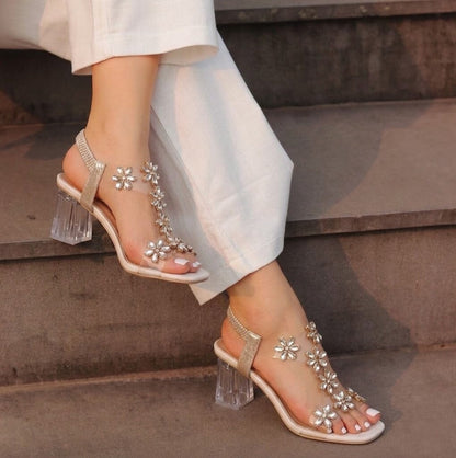 Women's Flower Rhinestone Block Heel Sandals
