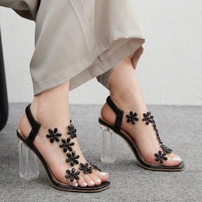 Women's Flower Rhinestone Block Heel Sandals