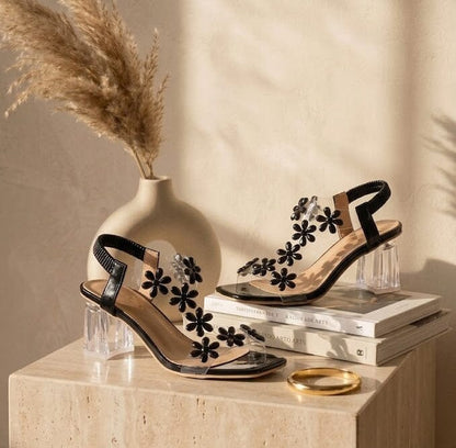 Women's Flower Rhinestone Block Heel Sandals