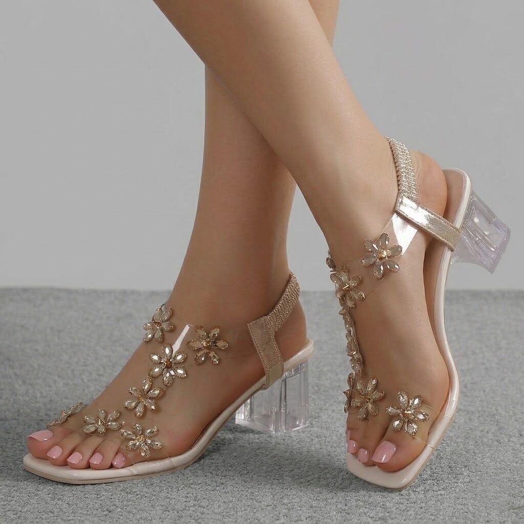 Women's Flower Rhinestone Block Heel Sandals